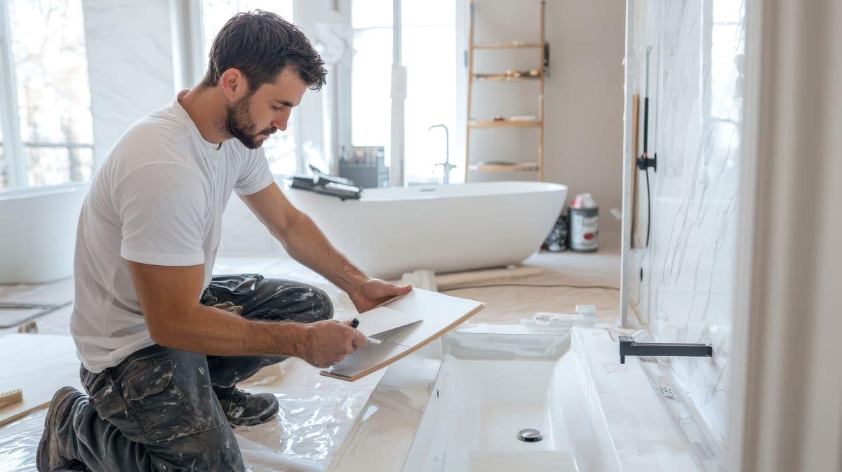 How Much Does a Bathroom Remodel Cost in Eugene, OR? 2 man installing bathroom sink home renovation bathroom remodel interior design